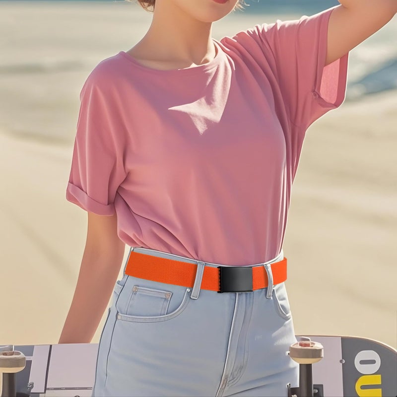 Mile High Life Cut To Fit Canvas Web Belt Size Up to 52" with Flip-Top Solid Black Military Buckle (Orange) - Image 5